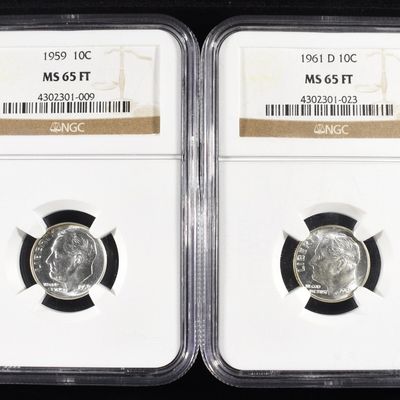 Sale Photo Thumbnail #53: 1959 & 1961-D ROOSEVELT DIMES NGC MS65 FT
