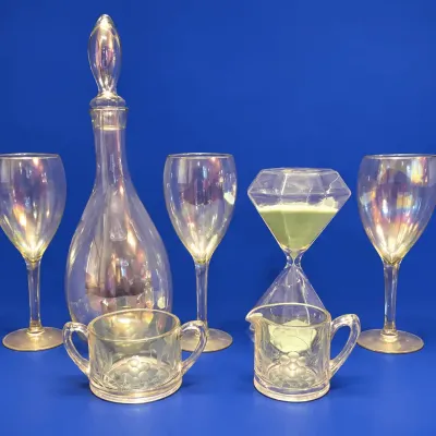 Vintage Iridescent Handblown Glass Decanter and Glasses
