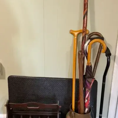 Vintage Copper Can, Walking Sticks, Magazine Rack & Mat
