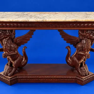Hand-carved Mahogany Console Table Featuring Winged Dragons