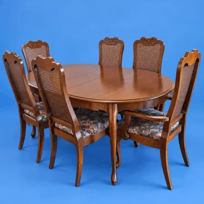 Solid Wood Dining Room Table with Six Cane Back Chairs
