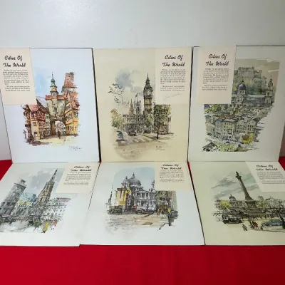 Set of six vintage Jan Korthals "Cities Of The World" architectural art prints with descriptive inserts.