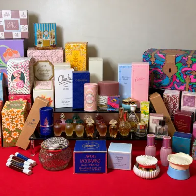 Large collection of vintage cosmetics, perfumes, and bath products, primarily Avon with items like Moonwind and Here's My Heart,...