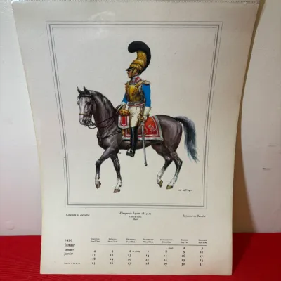 Vintage 1970 wall calendar page featuring an illustration of a Kingdom of Bavaria military officer on horseback from 1814-25.