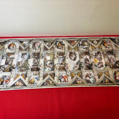 Panoramic art print displaying Michelangelo's Sistine Chapel ceiling frescos.