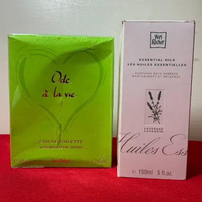 Two boxed Yves Rocher bath and beauty products, including an Ode à la vie eau de toilette spray and a soothing lavender bath essence.