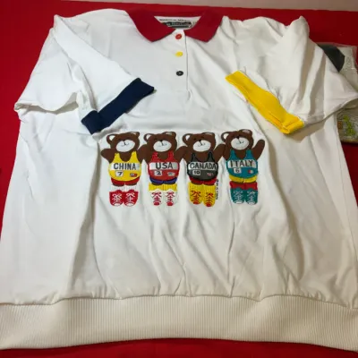 Vintage Marcy n Me short-sleeve collared top featuring colorful embroidered Olympic-themed bears representing China, USA, Canada, and Italy.