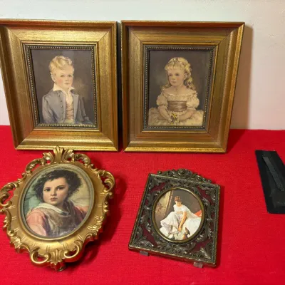 Collection of four vintage framed art prints, including a matching pair of children's portraits in molded gold-tone frames and two...