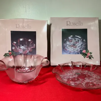 Mikasa 'Rosella' pink crystal bowl and serving platter set with embossed floral details, shown with original retail boxes.