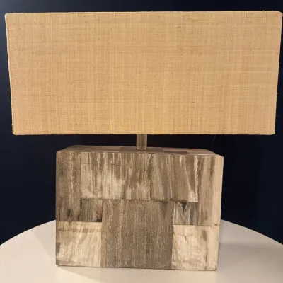Sale Photo Thumbnail #7: Contemporary table lamp featuring a patchwork petrified wood rectangular base and a wide woven burlap shade.