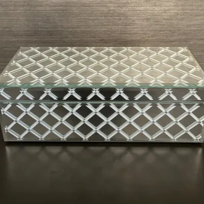 Sale Photo Thumbnail #67: Contemporary mirrored jewelry or keepsakes box with a white lattice pattern and rhinestone details.