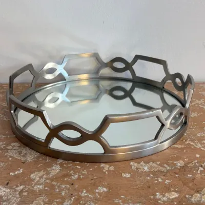 Sale Photo Thumbnail #27: Round brushed nickel mirrored vanity tray featuring a geometric cut-out gallery rim.