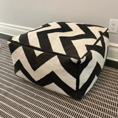 Sale Photo Thumbnail #66: Contemporary square ottoman pouf featuring a bold black and cream chevron woven pattern.