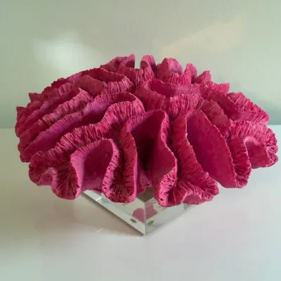 Sale Photo Thumbnail #52: Vibrant magenta coral specimen sculpture, mounted on a clear acrylic block base.