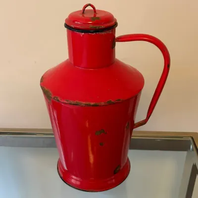 Sale Photo Thumbnail #36: Vintage red painted metal oil dispenser can with handle and lid, showing authentic surface wear and patina.