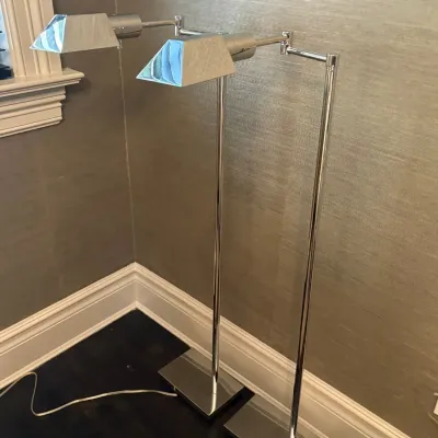 Sale Photo Thumbnail #18: Pair of modern chrome swing-arm floor lamps with rectangular bases and angular shades.