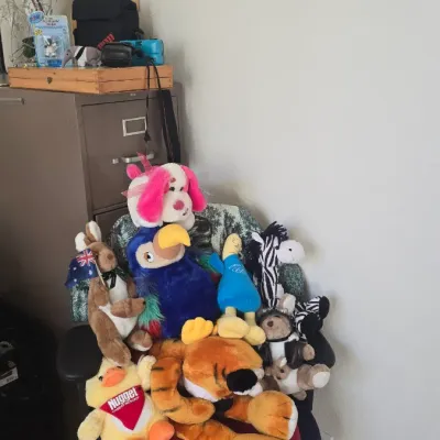 Sale Photo Thumbnail #104: Collection of assorted plush stuffed animals arranged on an office chair, including a tiger, kangaroo, parrot, and zebra.