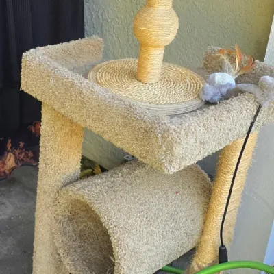 Sale Photo Thumbnail #91: Carpeted cat tree featuring a resting platform, hideaway tunnel, and attached sisal rope scratching posts.