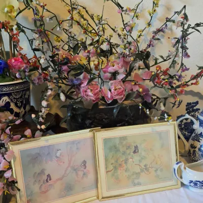 Sale Photo Thumbnail #7: Collection of Asian decor including a large glass and jade bonsai flower tree, two framed nature prints, and blue and white porcelain.
