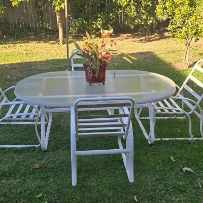 Sale Photo Thumbnail #92: White metal patio dining set including an oval glass-top table and four matching slat-back armchairs, set up on a lawn.