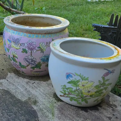 Sale Photo Thumbnail #90: Pair of vintage Chinese porcelain fishbowl planters featuring Famille Rose floral and bird motifs.