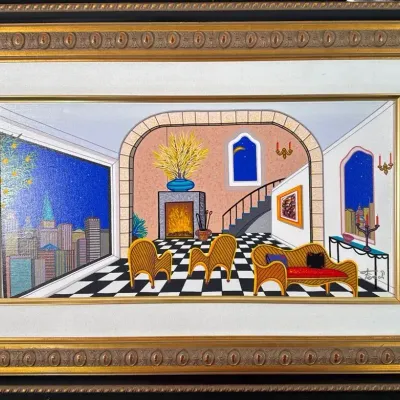 Fanch Ledan Signed Artwork on Canvas, Interior Scene, Framed