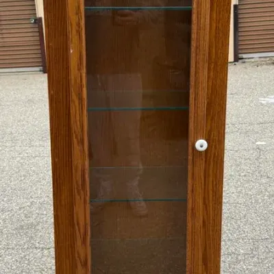 Oak Display Cabinet: Tall Glass Door Curio Shelf with Interior Light
