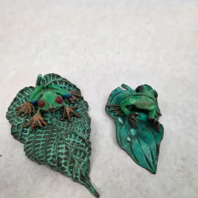 Collection of 2 Handcast/Hand Painted Copper Frogs w/ 2 Handcast/Hand Painted Copper Leaves