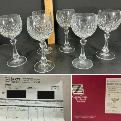 Sale Photo Thumbnail #152: Vintage 1985 Schott Zwiesel Bellavista Crystal White Wine Goblets - Set of 6 - Germany-Box/Receipt - Potterville