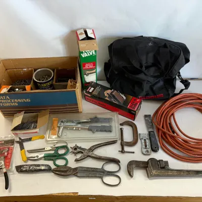 Hardware, Tools and Extension Cord Lot: Craftsman Sander Belts, Pipemaster Wrench and Hand Tools