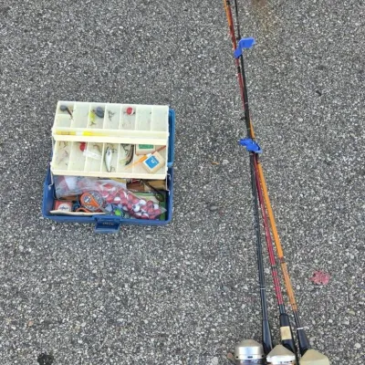 Fishing Poles and Loaded Tackle Box - Rods, Reels, Lures and Bobbers