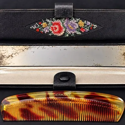 Vintage 1940-50s German Bakelite Tortoiseshell-Style Comb & Petit Point Floral Mirror Case - Potterville