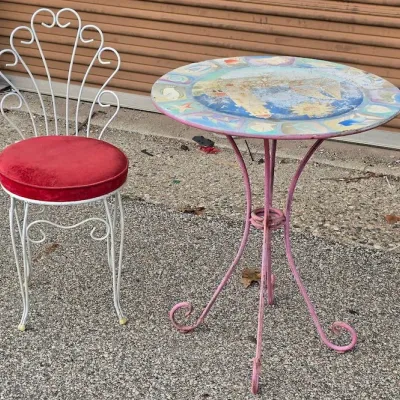 Coastal-Theme Round Accent Table & Scrollwork Metal Chair with Red Cushioned Seat
