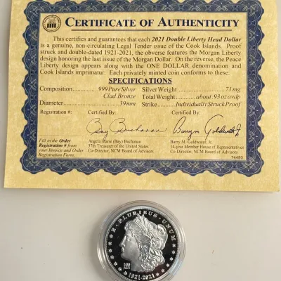 2021 - Double Liberty - Cook Islands - Proof Struck Clad Silver Dollar with COA