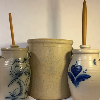 6 Antique Salt Glazed Bee Sting Crocks/Butter Churns