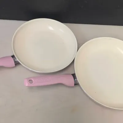 Pair of Pink Green Pan Skillets - 10" and 12" - Like New