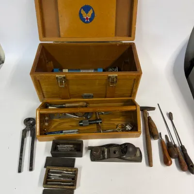 Vintage Wooden Toolbox Lot: Stanley Wood Planer, Tap & Die Sets, and Hand Tools