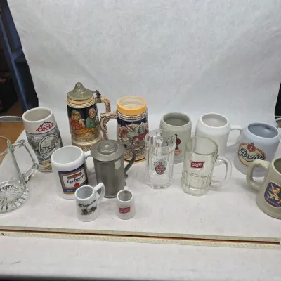 Small Collection of Vintage Ceramic, Metal, and Glass Beer Mugs/Steins