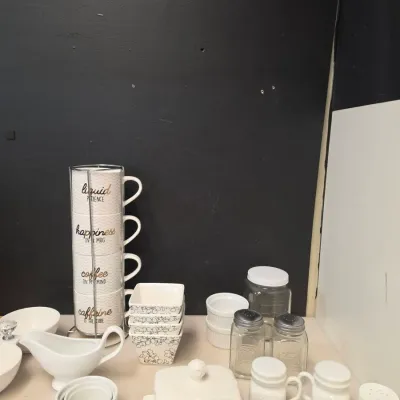 Variety of White Dishes - Espresso Set, Butter Dish, and More