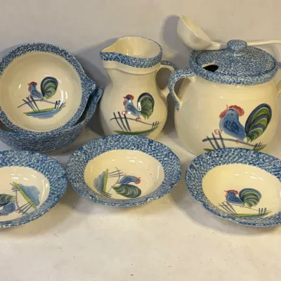 N.S. Gustin Collection of China with Blue Rooster - Mostly Serving Pieces
