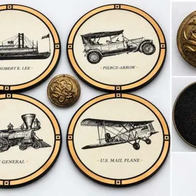Antique Grand Army of the Republic Civil War Veterans Button & 4 Vintage Transportation Coasters - Potterville