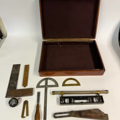 Vintage Wooden Storage Box with Drafting, Surveying, and Measuring Tool Lot