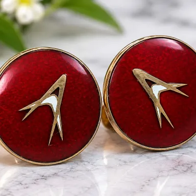 Mid-Century Atomic Age Screwback Earrings Deep Red Enamel & Gold-Tone Modernist Design - Potterville