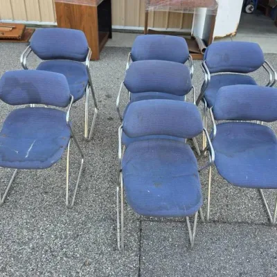 Set of 10 Blue Cushioned Stacking Chairs - Chrome Sled Base Armchairs for Church, Hall or Office