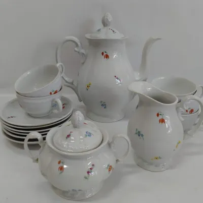 Scattered Flowers White Porcelain Coffee/Tea Set - Coffee/Teapot, 6 Saucers, 5 Cups, Sugar/Creamer