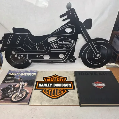 2 Vintage Harley Encyclopedia Books/12x12 Harley Ceramic Tile/Large Lasercut Metal Harley Wall Hang
