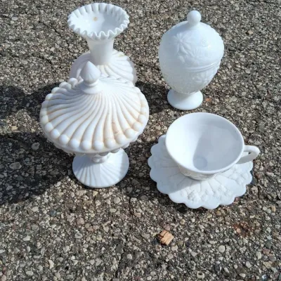 Sale Photo Thumbnail #67: Vintage Milk Glass Tableware and Decor