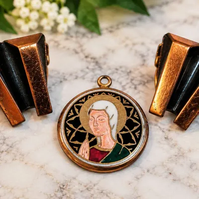 Renoir Signed Mid-Century Copper & Black Modernist Clip Earrings with Spanish Enamel Madonna Pendant - Potterville
