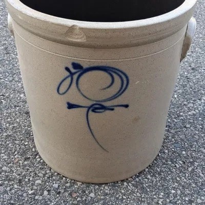 Sale Photo Thumbnail #7: Antique Salt Glazed Stoneware Crock w/ Blue "Bee-Sting" Decor Motif