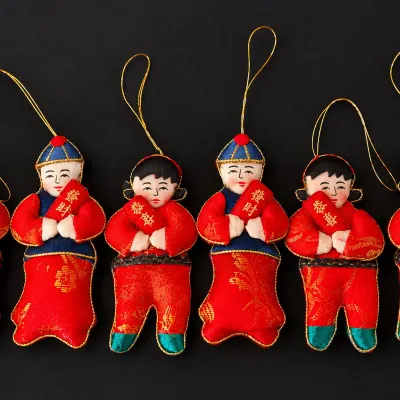 Vintage Chinese Red Brocade Lucky Children Hanging Ornaments Set of 6 - Potterville